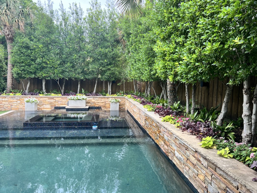 AJS Elite pool and outdoor living project with stone retaining wall and landscape planting